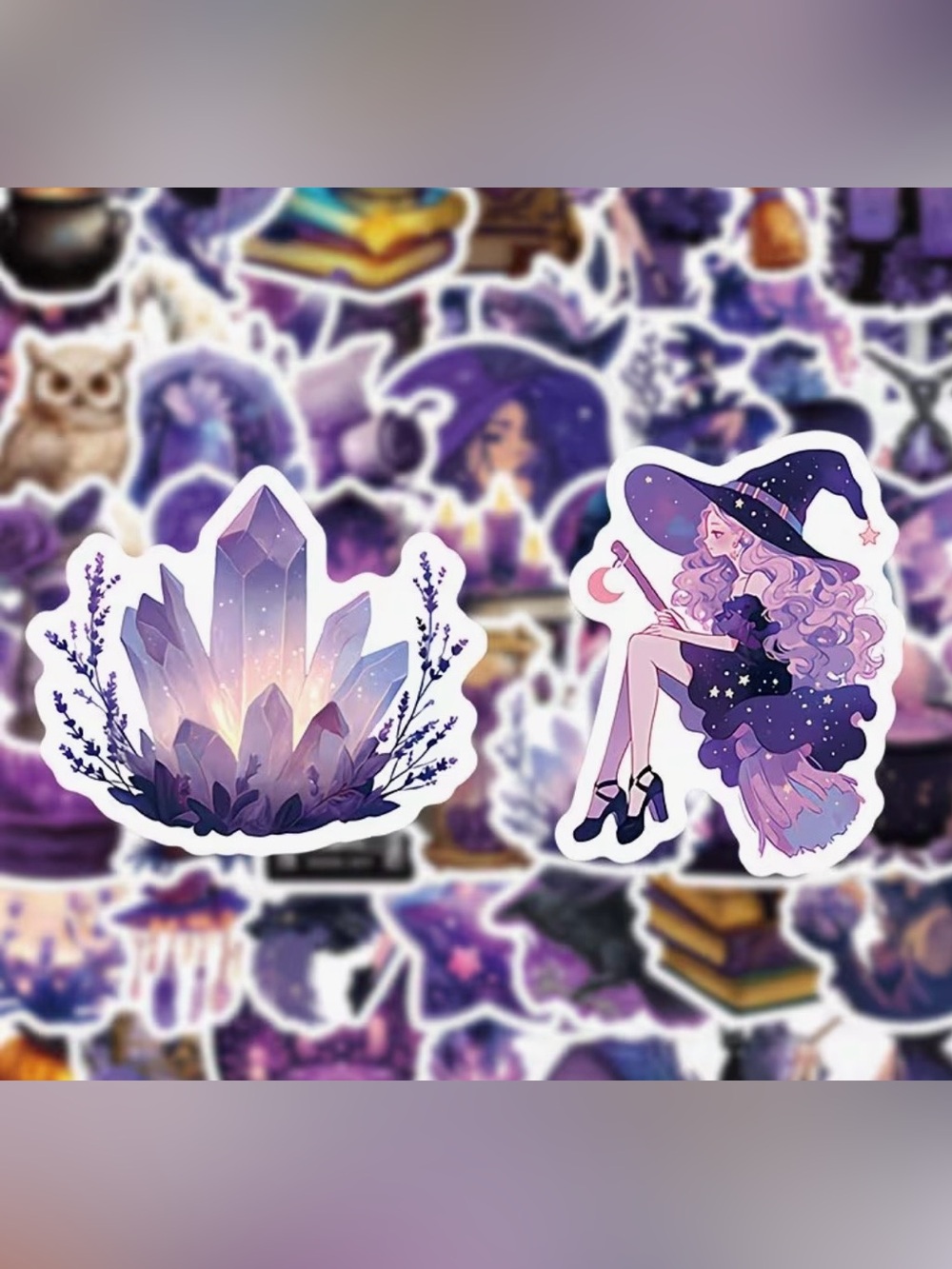 56 Purple Witch Stickers Halloween Spell Books Cat Crystals Candles Broom